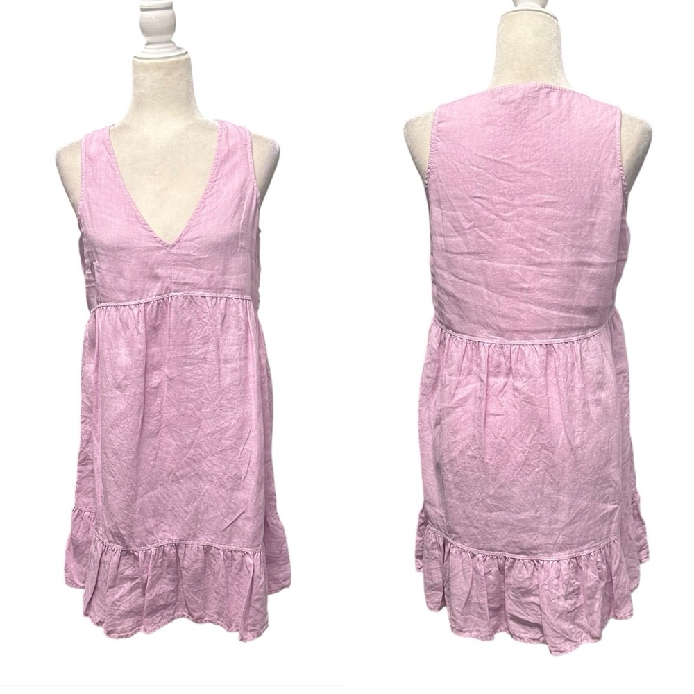 Women's‎ 100% Linen Mini Dress Size XS Baby Doll V Neck Sleeveless Feminine Pink